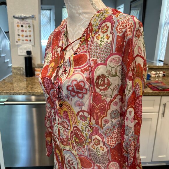 Manuel Canovas Womens Long Sleeve V Neck Floral Shift Dress 100% Silk 8 10 - Picture 2 of 16